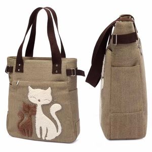 Critters Beige Canvas Tote Bag Purse with Plush Cat Kitty NEW.